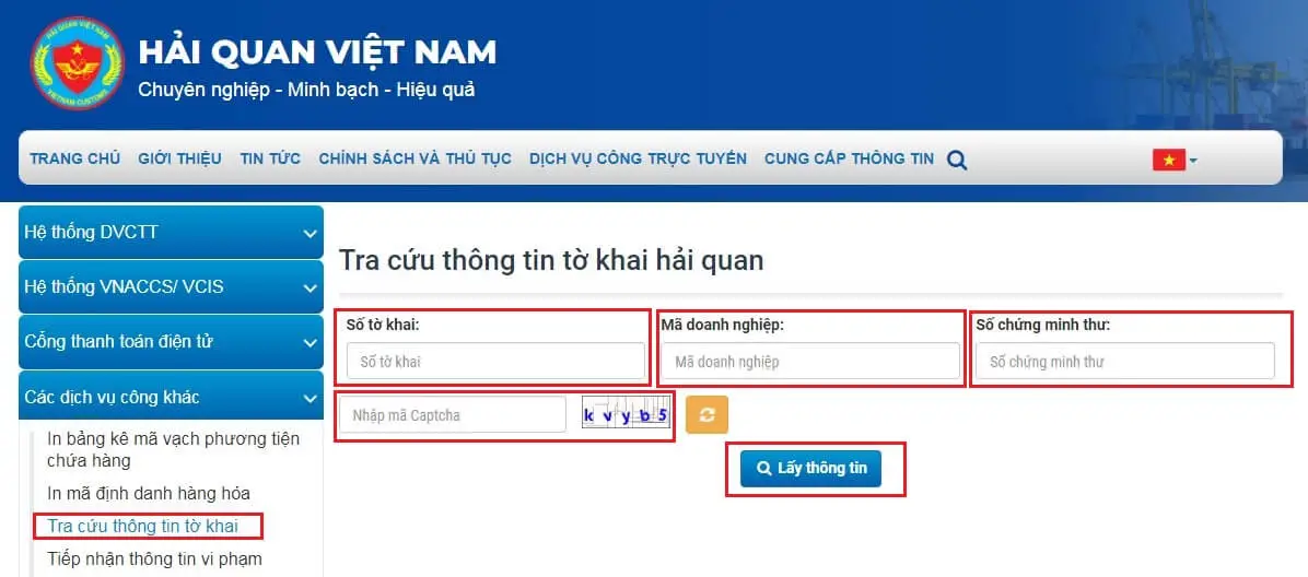 Tra cứu nộp thuế tờ khai hải quan 