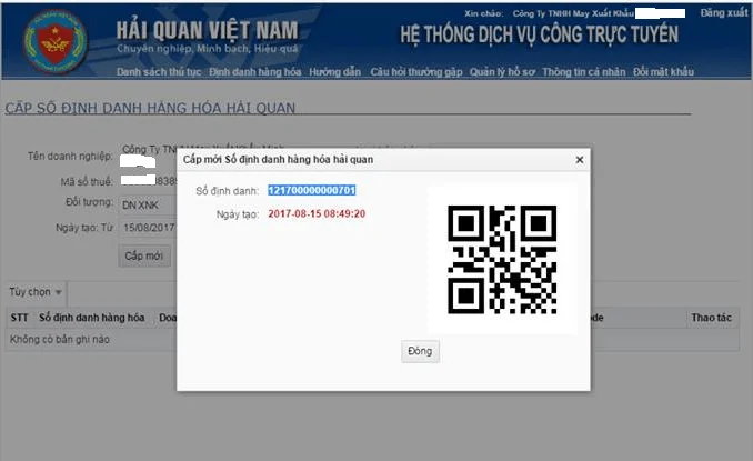 Click vào nút “Cấp mới” để nhận thông báo cấp Số định danh