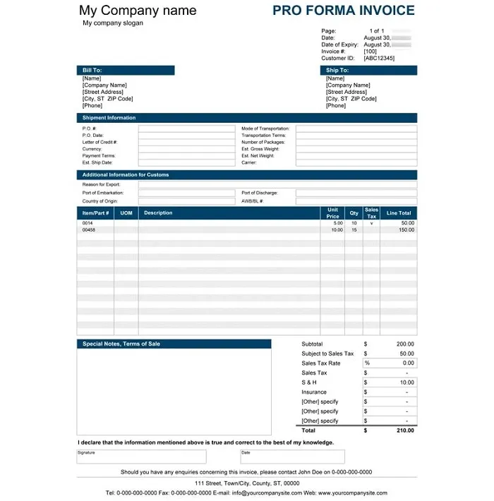 Nội dung trên Proforma Invoice 