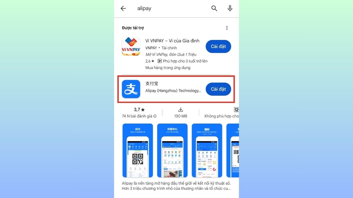 Chọn ứng dụng Alipay từ kết quả tìm kiếm